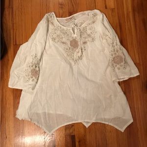 Cream linen tunic with soft taupe embroidery